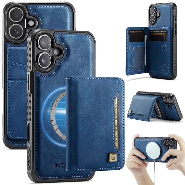 For iPhone 17 AutSpace A13 MagSafe Magnetic RFID Flip Card Bag Phone Case(Blue)
