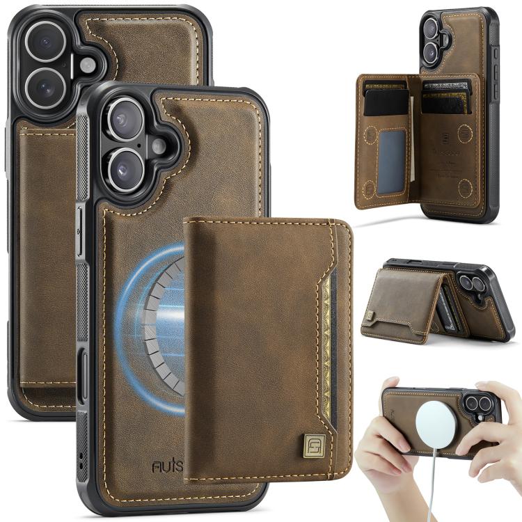 For iPhone 17 AutSpace A13 MagSafe Magnetic RFID Flip Card Bag Phone Case(Coffee)
