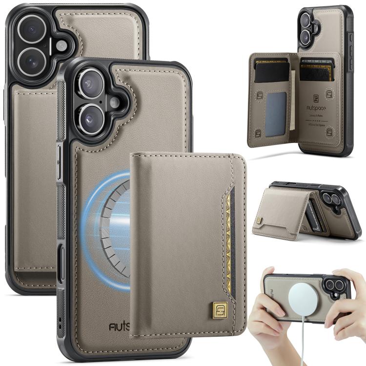For iPhone 17 AutSpace A13 MagSafe Magnetic RFID Flip Card Bag Phone Case(Grey)