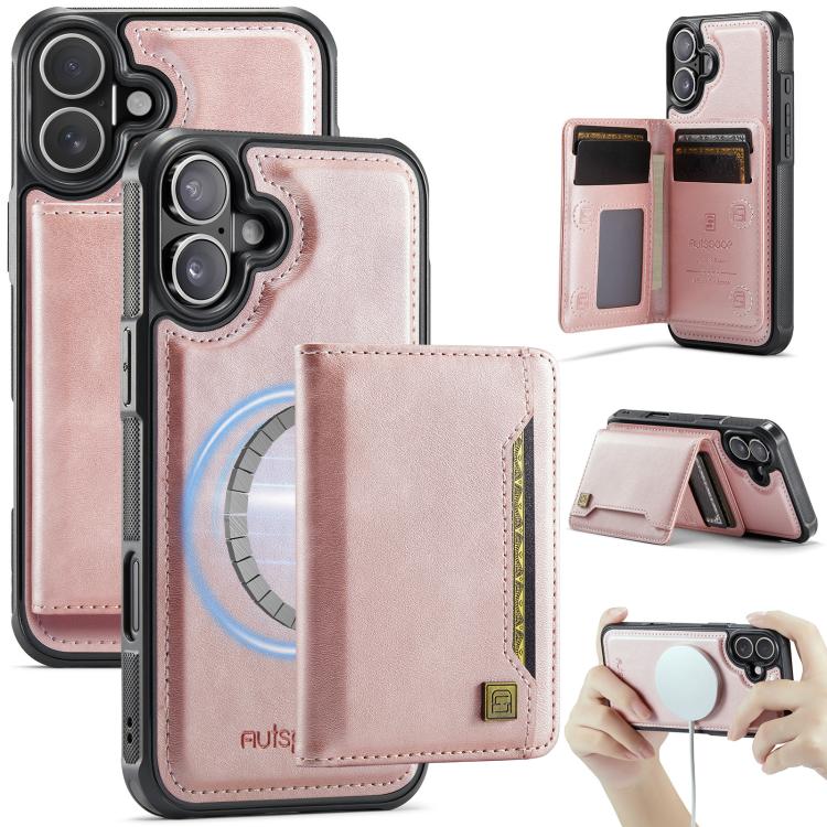 For iPhone 17 AutSpace A13 MagSafe Magnetic RFID Flip Card Bag Phone Case(Rose Gold)