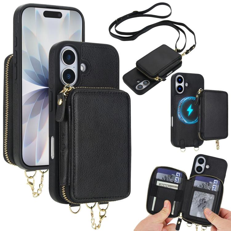 For iPhone 17 AwQuer 2 in 1 Crossbody Zipper Wallet Leather Back Phone Case(Black)