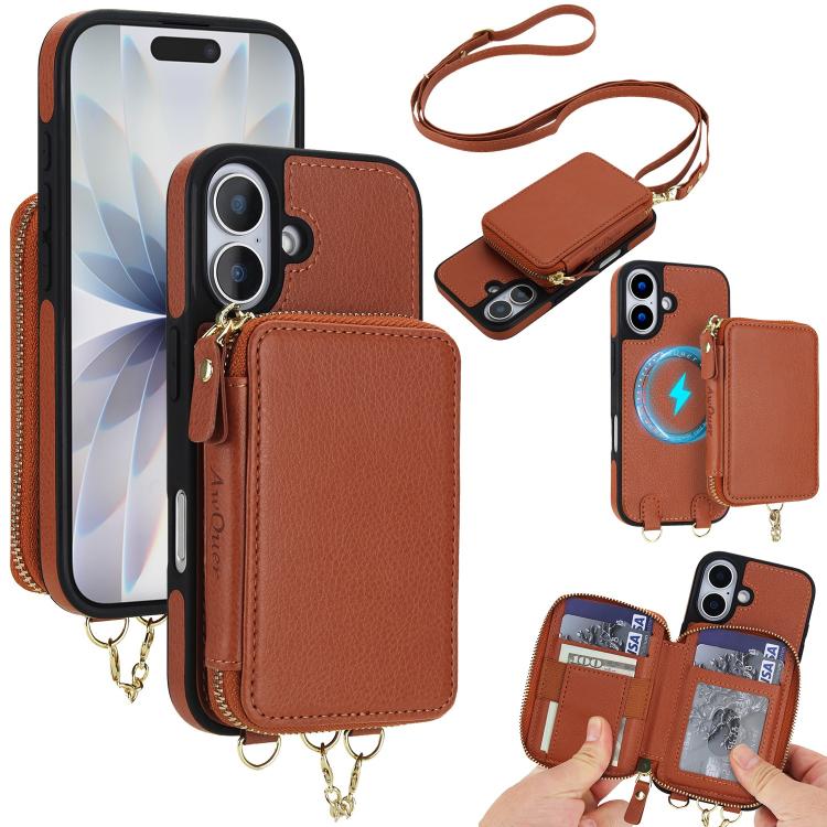 For iPhone 17 AwQuer 2 in 1 Crossbody Zipper Wallet Leather Back Phone Case(Brown)