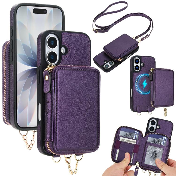 For iPhone 17 AwQuer 2 in 1 Crossbody Zipper Wallet Leather Back Phone Case(Dark Purple)