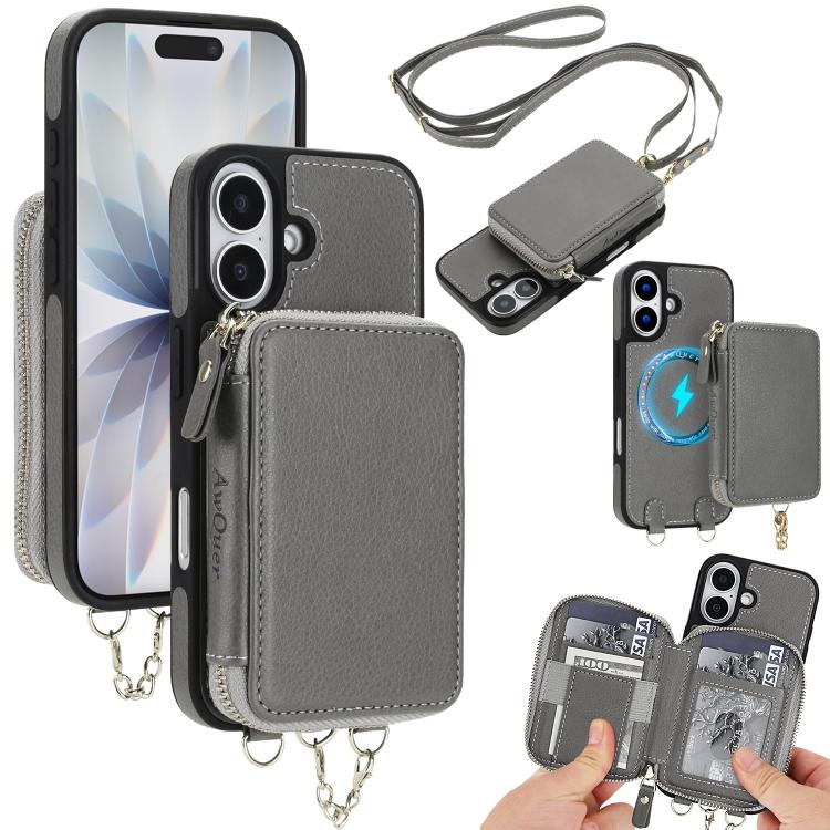 For iPhone 17 AwQuer 2 in 1 Crossbody Zipper Wallet Leather Back Phone Case(Grey)