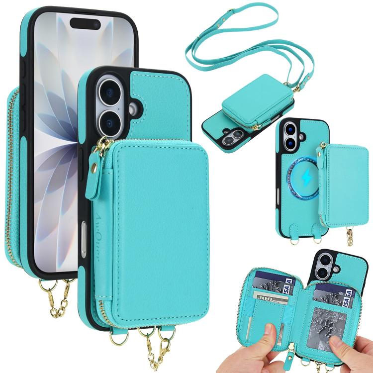 For iPhone 17 AwQuer 2 in 1 Crossbody Zipper Wallet Leather Back Phone Case(Light Green)