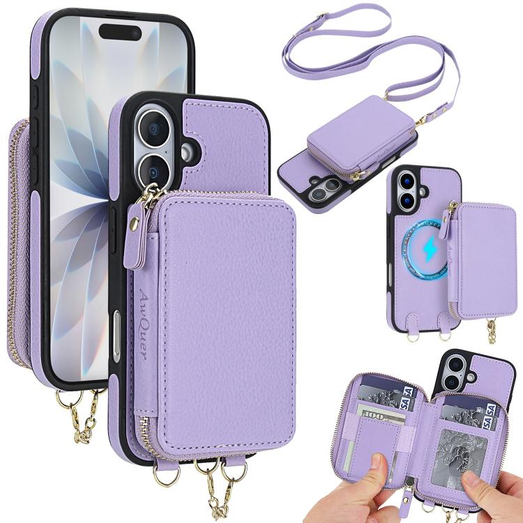 For iPhone 17 AwQuer 2 in 1 Crossbody Zipper Wallet Leather Back Phone Case(Light Purple)