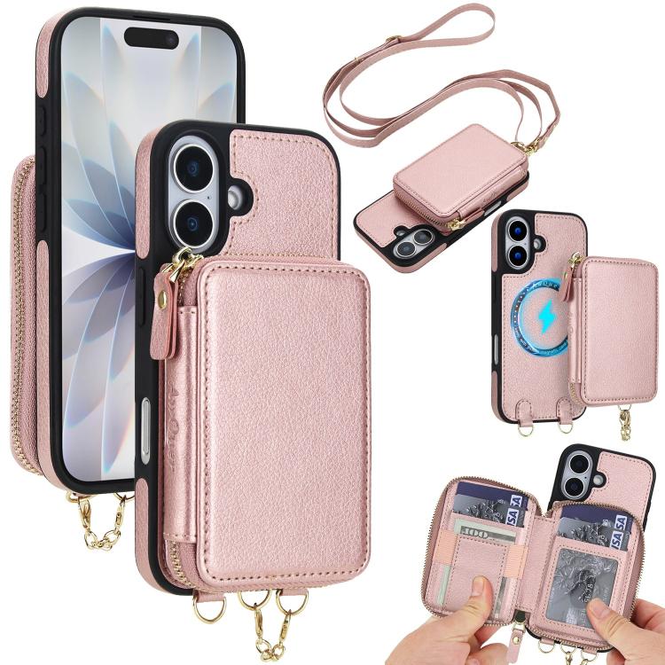 For iPhone 17 AwQuer 2 in 1 Crossbody Zipper Wallet Leather Back Phone Case(Rose Gold)