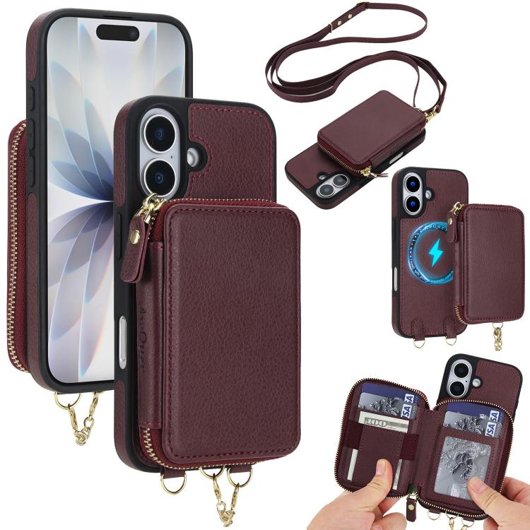 For iPhone 17 AwQuer 2 in 1 Crossbody Zipper Wallet Leather Back Phone Case(Wine Red)