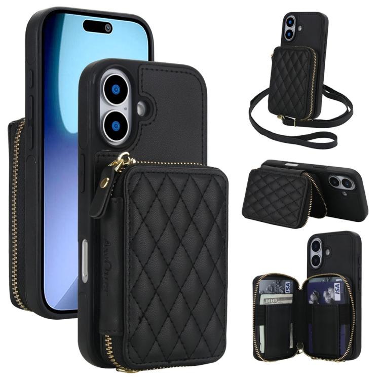 For iPhone 17 AwQuer Crossbody Zipper Wallet Rhombic Leather Back Phone Case(Black)