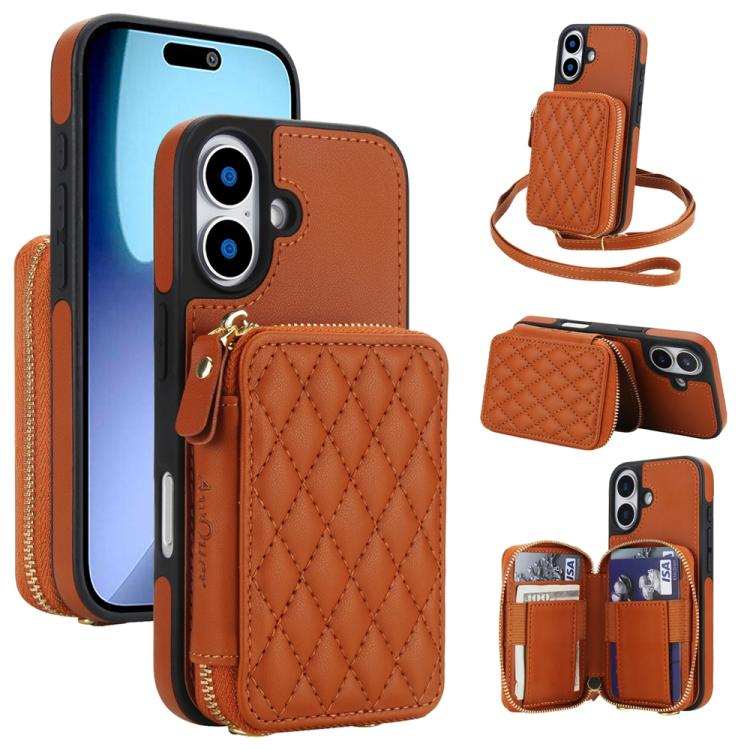 For iPhone 17 AwQuer Crossbody Zipper Wallet Rhombic Leather Back Phone Case(Brown)