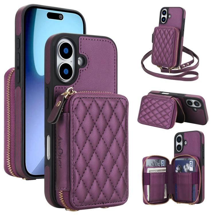 For iPhone 17 AwQuer Crossbody Zipper Wallet Rhombic Leather Back Phone Case(Dark Purple)