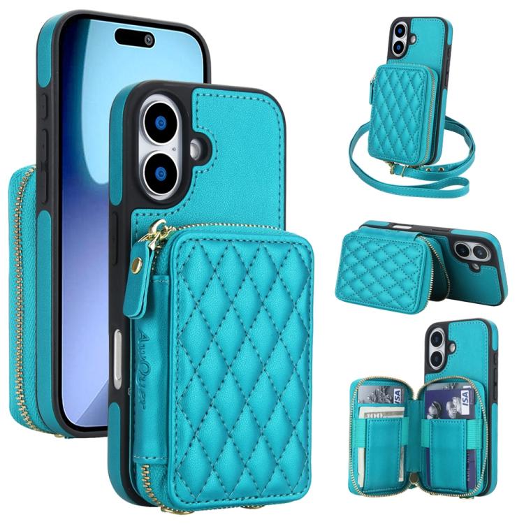 For iPhone 17 AwQuer Crossbody Zipper Wallet Rhombic Leather Back Phone Case(Green)