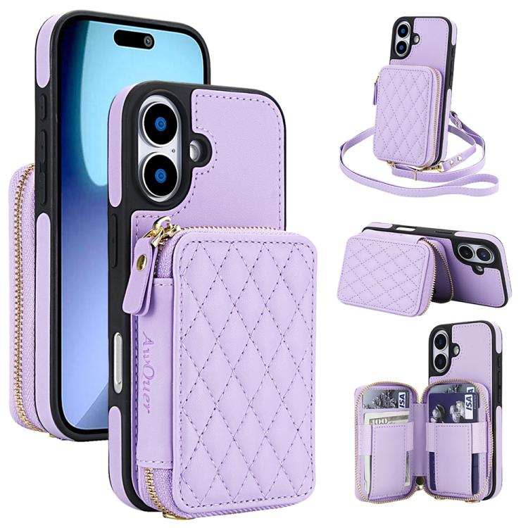 For iPhone 17 AwQuer Crossbody Zipper Wallet Rhombic Leather Back Phone Case(Purple)