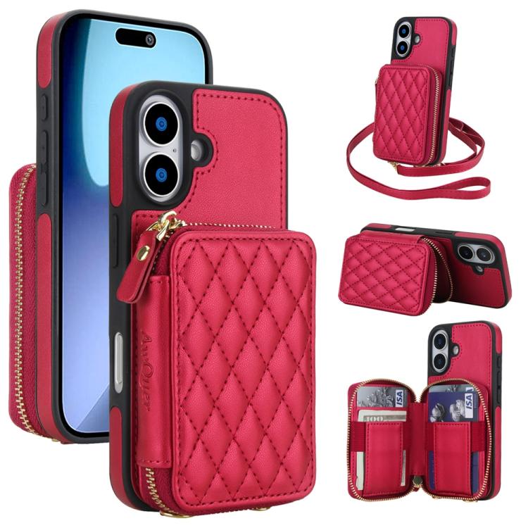 For iPhone 17 AwQuer Crossbody Zipper Wallet Rhombic Leather Back Phone Case(Red)