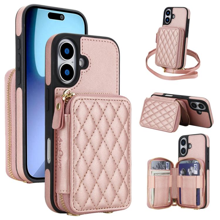 For iPhone 17 AwQuer Crossbody Zipper Wallet Rhombic Leather Back Phone Case(Rose Gold)