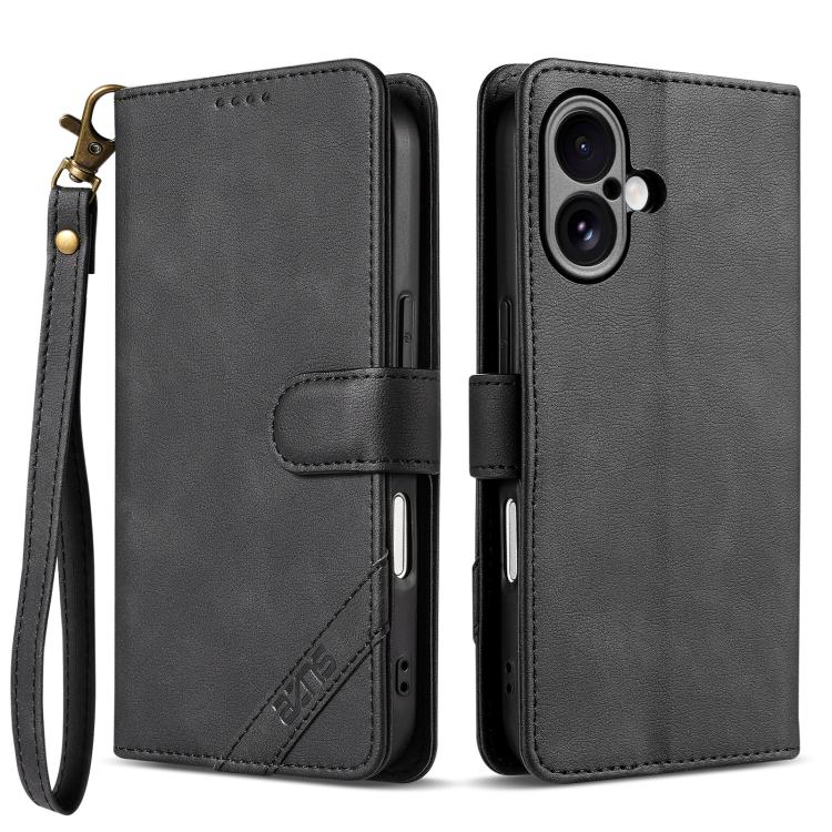 For iPhone 17 AZNS A2 Series Tri-Card Wallet RFID Vegan Leather Phone Case with Strap(Black)