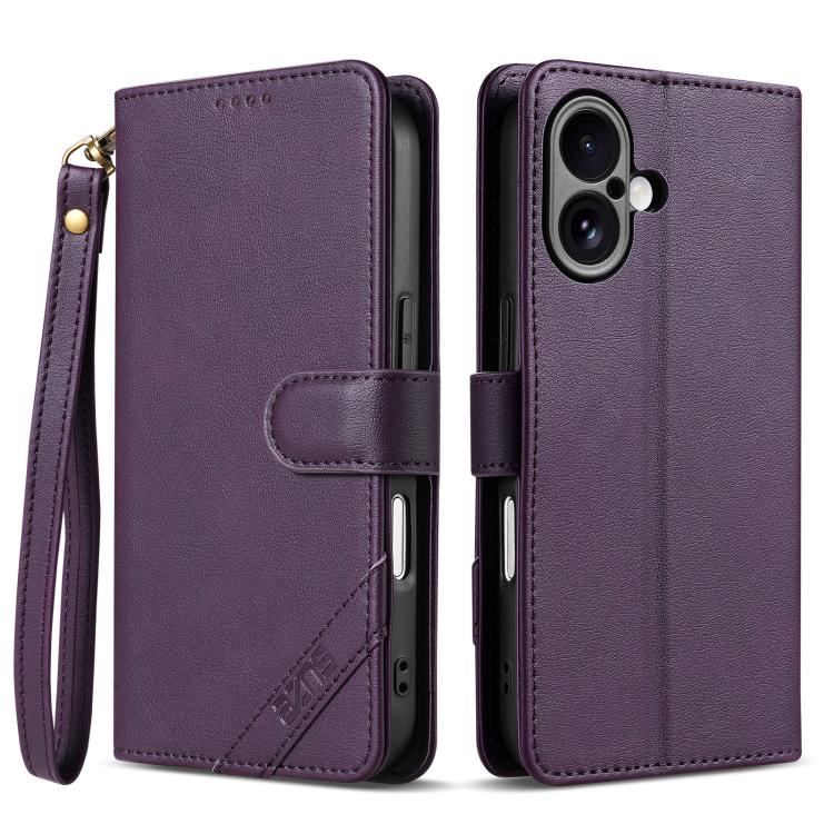 For iPhone 17 AZNS A2 Series Tri-Card Wallet RFID Vegan Leather Phone Case with Strap(Purple)