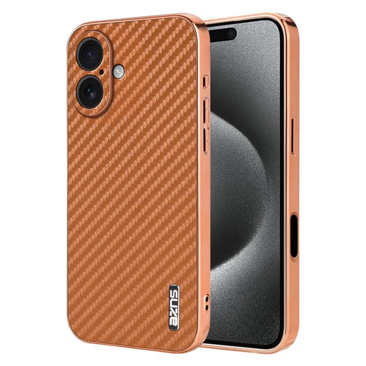 For iPhone 17 AZNS Electroplated Edge Carbon Fiber Texture Phone Case(Brown)