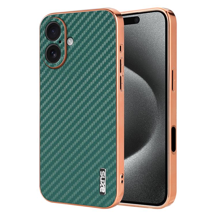 For iPhone 17 AZNS Electroplated Edge Carbon Fiber Texture Phone Case(Green)