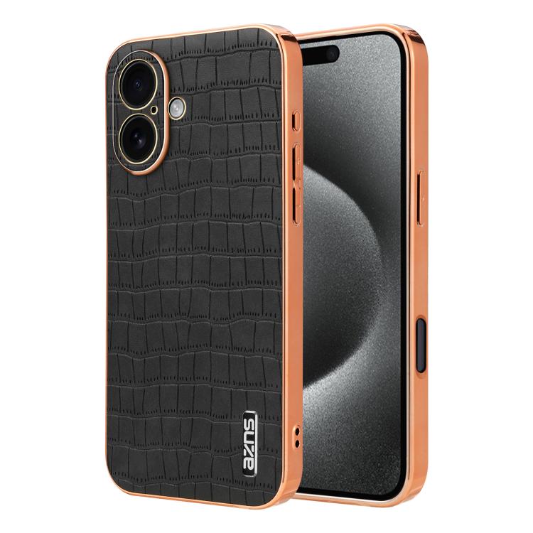 For iPhone 17 AZNS Electroplated Frame Crocodile Texture Full Coverage Phone Case(Black)