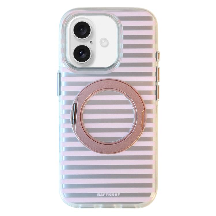 For iPhone 17 BAFFKKAF Frosted Stripes 360 Holder Airbag Double-Sided IMD Magnetic Phone Case(Pink)