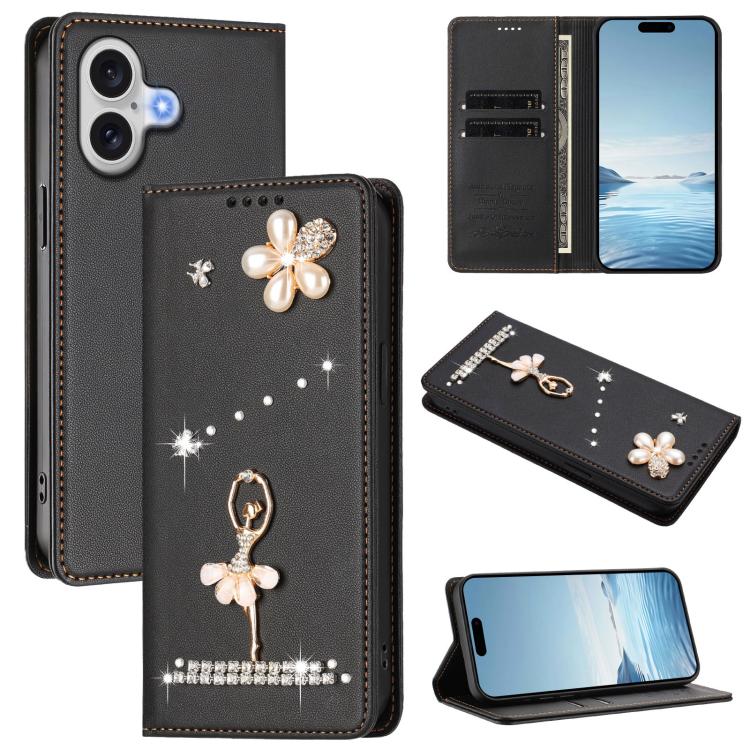 For iPhone 17 Ballet Girl Diamond Studded RFID Vegan Leather Phone Case(Black)
