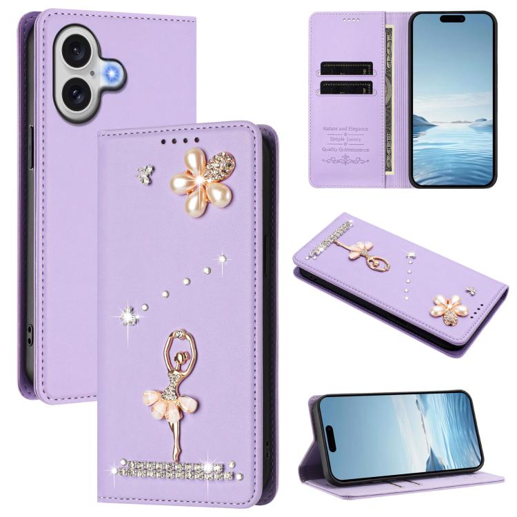 For iPhone 17 Ballet Girl Diamond Studded RFID Vegan Leather Phone Case(Light Purple)