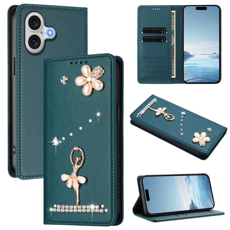 For iPhone 17 Ballet Girl Diamond Studded RFID Vegan Leather Phone Case(Peacock Green)