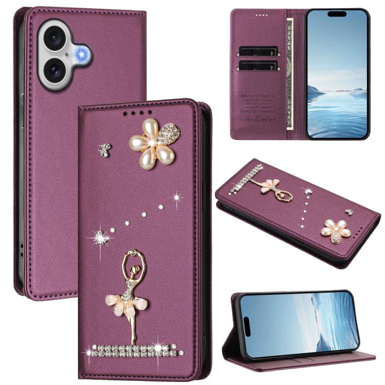 For iPhone 17 Ballet Girl Diamond Studded RFID Vegan Leather Phone Case(Violet)