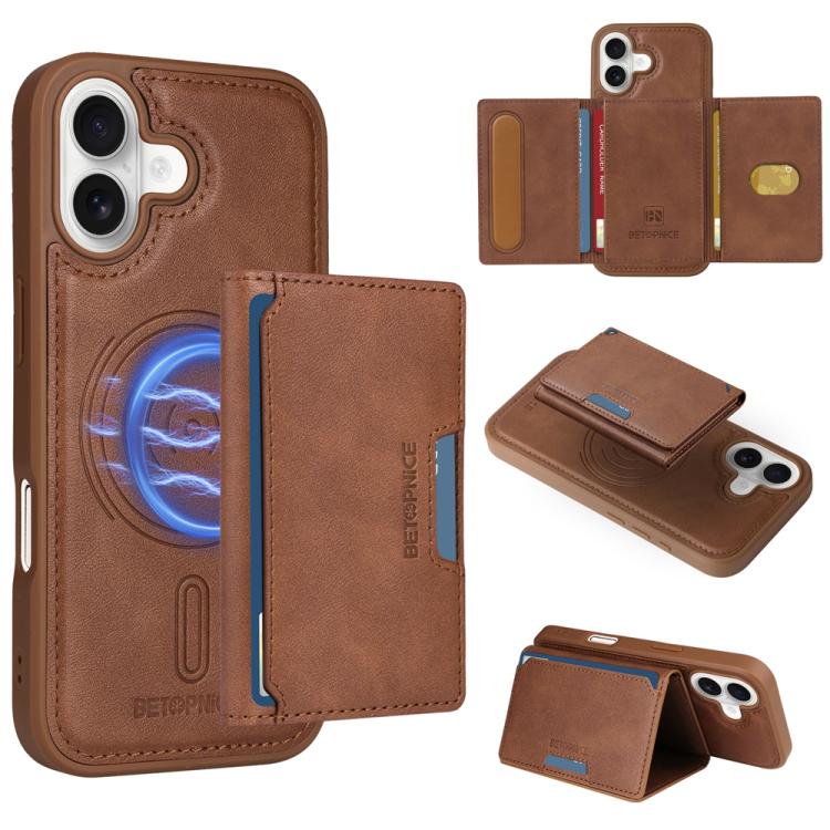 For iPhone 17 BETOPNICE Horizontal Flip Detachable MagSafe Wallet Phone Case(Brown)