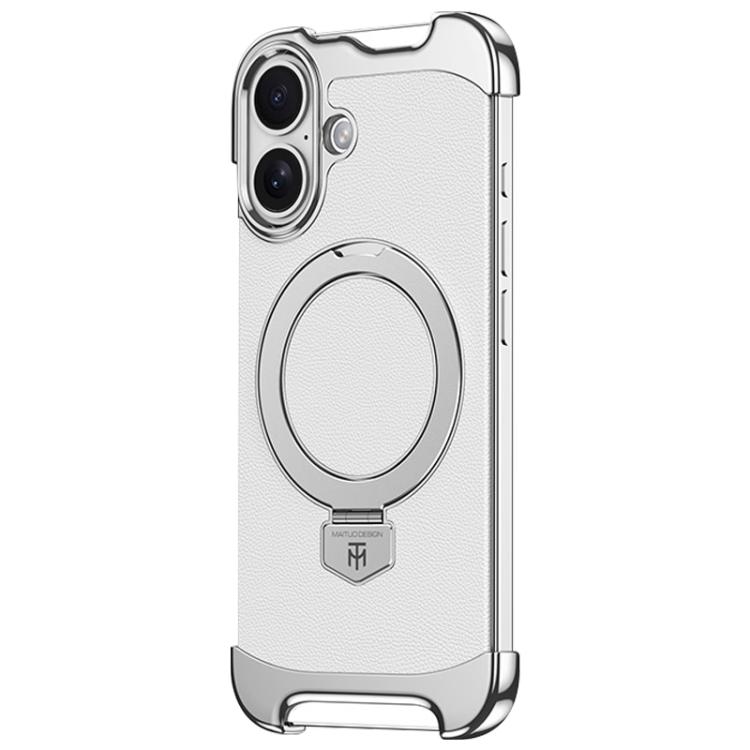 For iPhone 17 Borderless MagSafe Ring Holder Plain Leather Phone Case(White)
