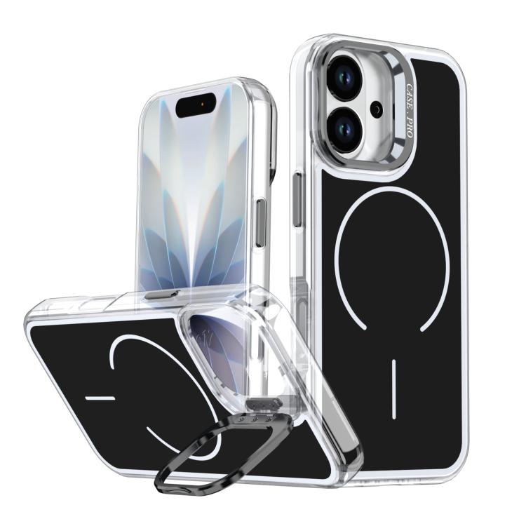 For iPhone 17 Bright Color Blocking Camera Bracket Magnetic Phone Case(Black)