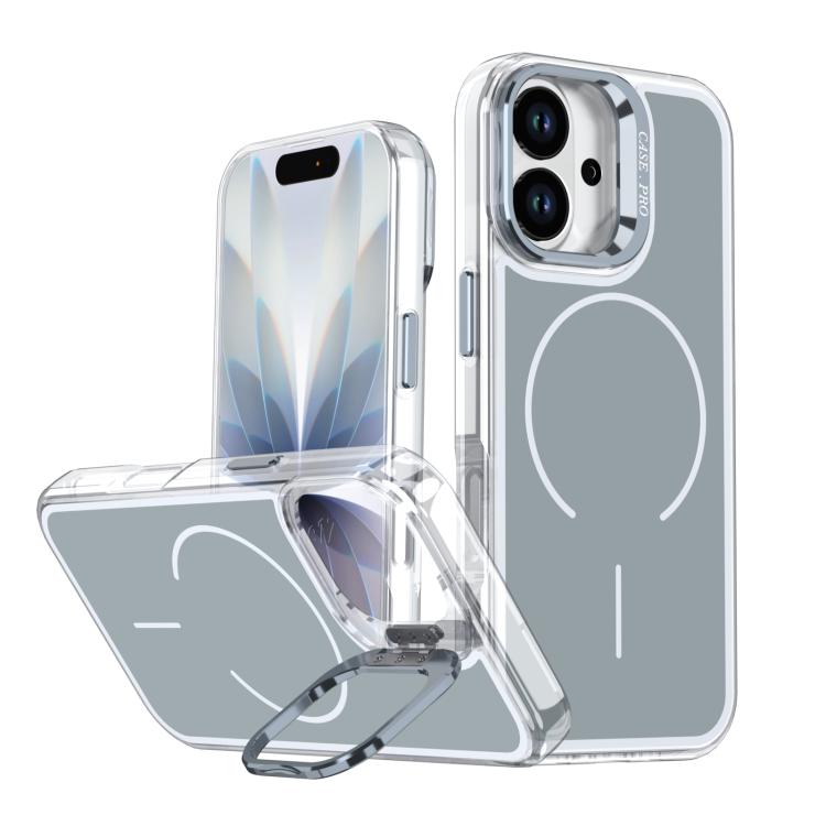 For iPhone 17 Bright Color Blocking Camera Bracket Magnetic Phone Case(Grey)