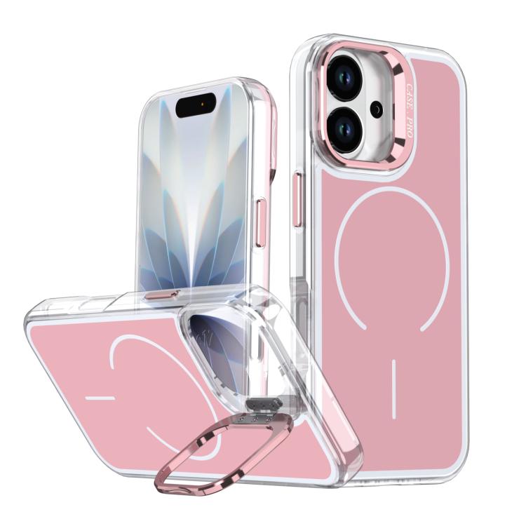 For iPhone 17 Bright Color Blocking Camera Bracket Magnetic Phone Case(Pink)