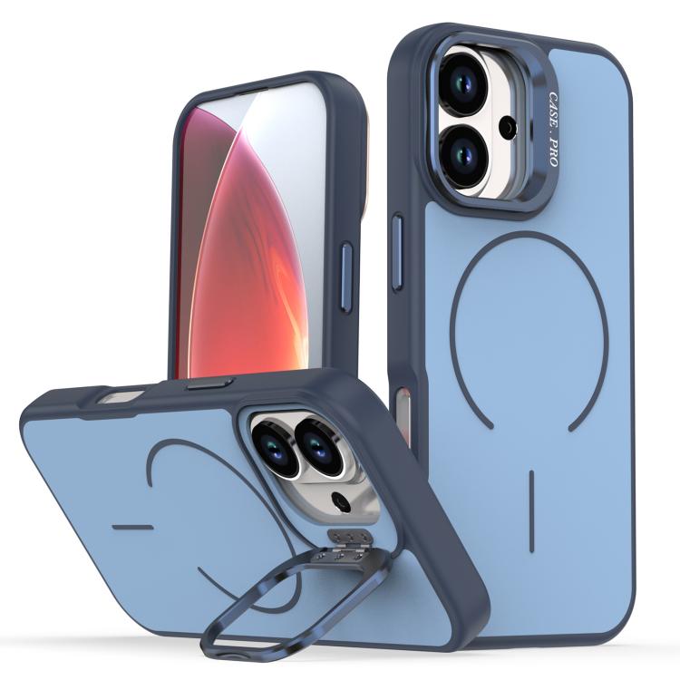 For iPhone 17 Bright Color Contrast Skin-feel Camera Bracket Magsafe Phone Case(Blue)