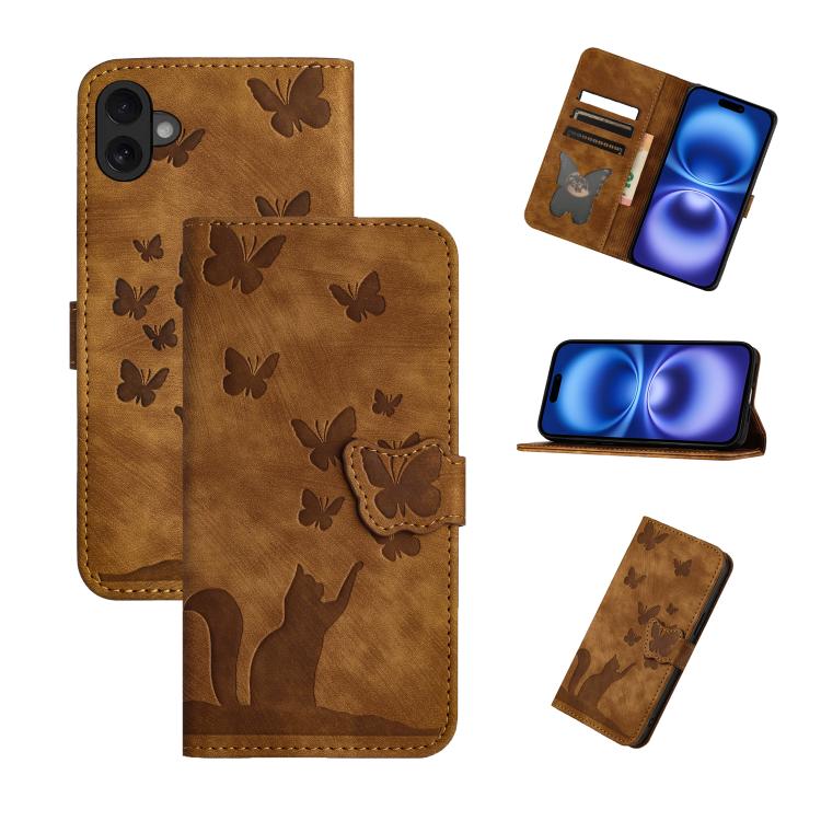 For iPhone 17 Butterfly Cat Embossing Flip Leather Phone Case(Brown)