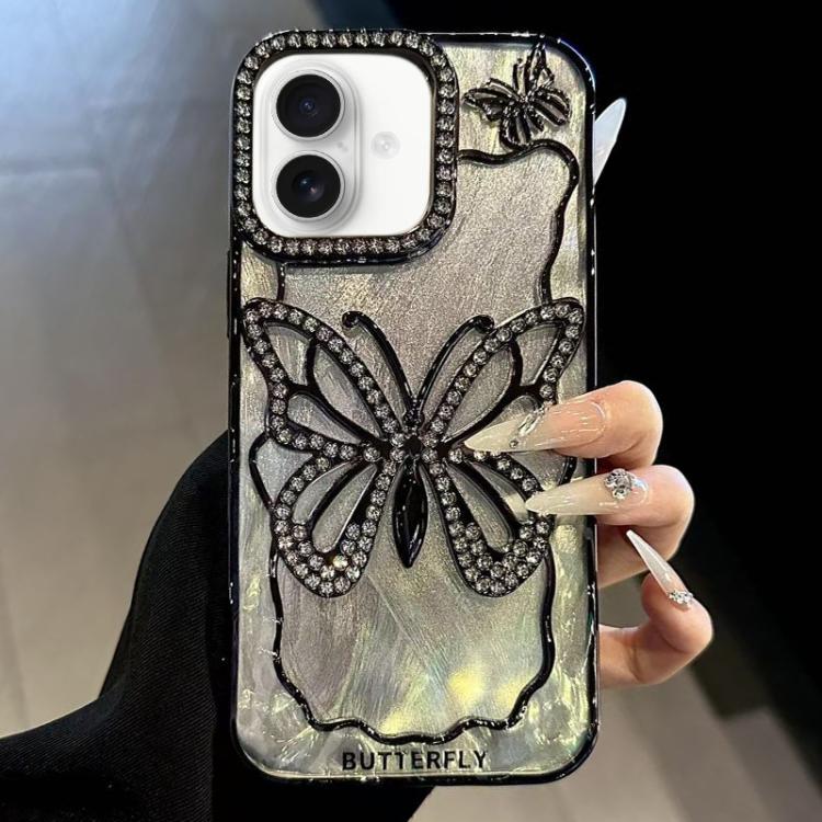 For iPhone 17 Butterfly Electroplating TPU Phone Case with Epoxy Cardboard(Black)