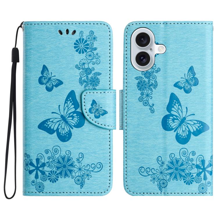 For iPhone 17 Butterfly Embossed Flip Leather Phone Case(Blue)