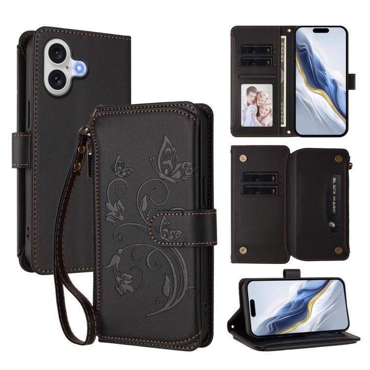 For iPhone 17 Butterfly Love Flower Multi-card Zipper Wallet Leather Phone Case(Black)