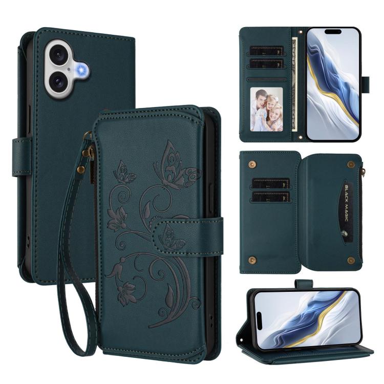 For iPhone 17 Butterfly Love Flower Multi-card Zipper Wallet Leather Phone Case(Dark Green)