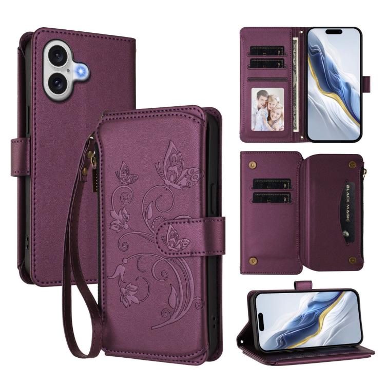 For iPhone 17 Butterfly Love Flower Multi-card Zipper Wallet Leather Phone Case(Dark Purple)