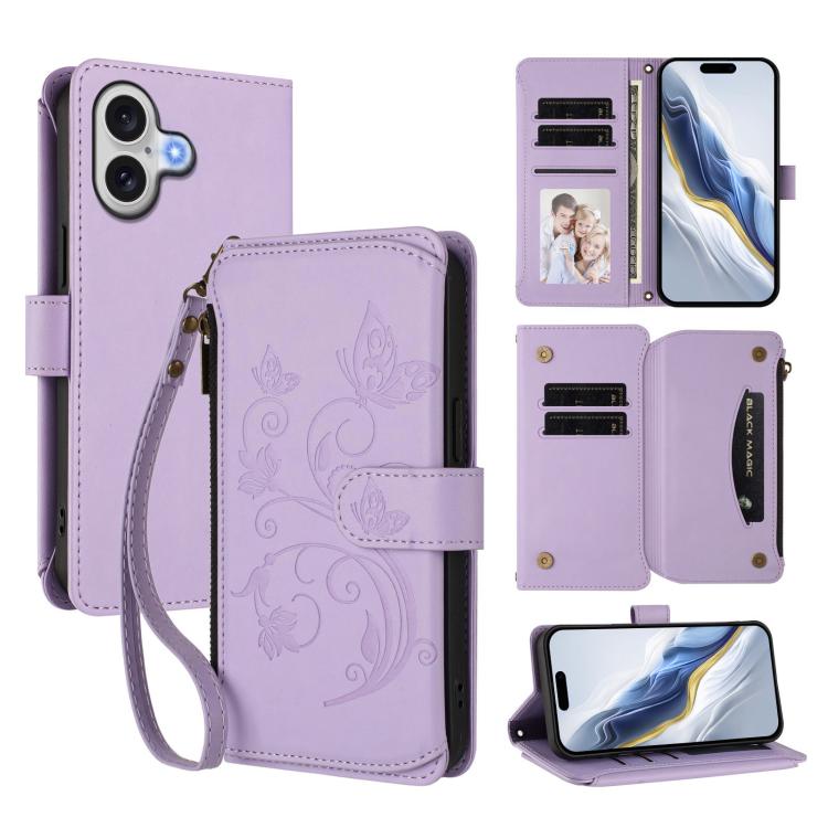 For iPhone 17 Butterfly Love Flower Multi-card Zipper Wallet Leather Phone Case(Light Purple)