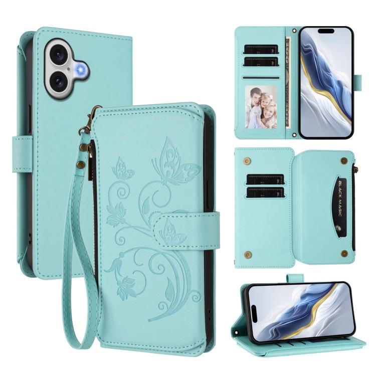 For iPhone 17 Butterfly Love Flower Multi-card Zipper Wallet Leather Phone Case(Mint Green)