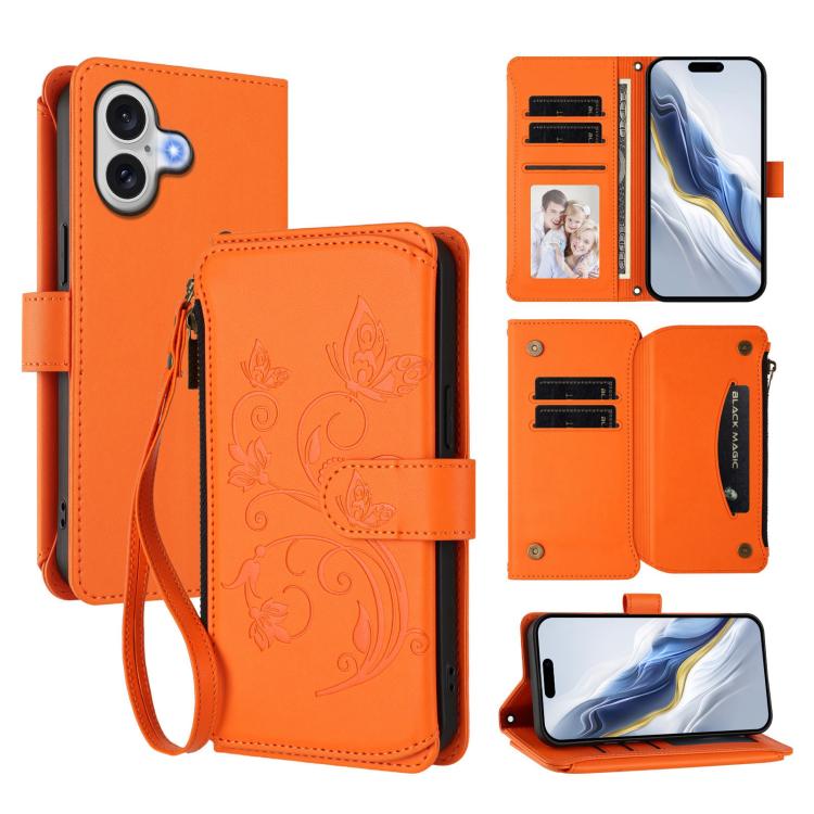For iPhone 17 Butterfly Love Flower Multi-card Zipper Wallet Leather Phone Case(Orange)