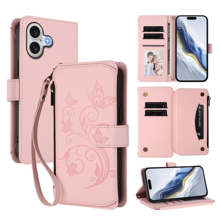 For iPhone 17 Butterfly Love Flower Multi-card Zipper Wallet Leather Phone Case(Pink)