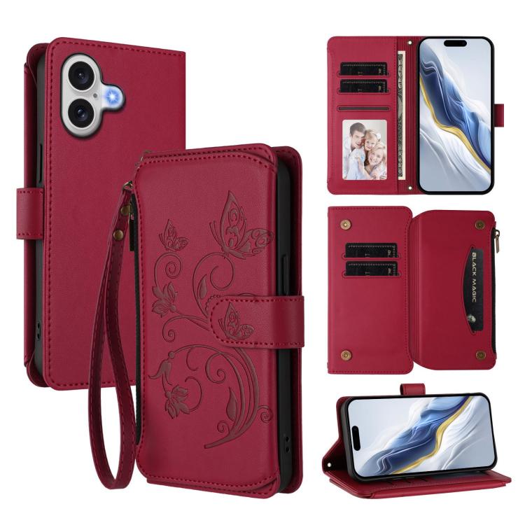 For iPhone 17 Butterfly Love Flower Multi-card Zipper Wallet Leather Phone Case(Wine Red)