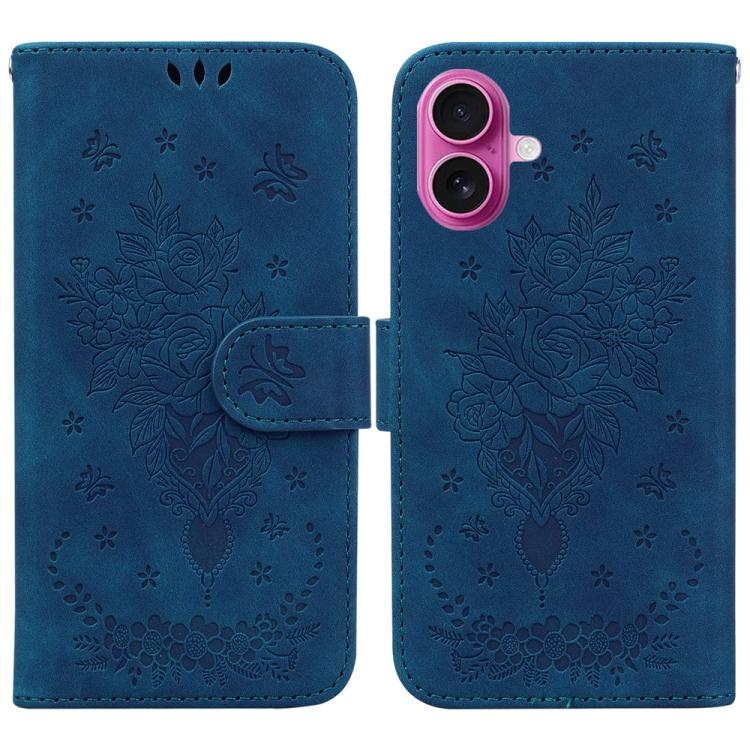 For iPhone 17 Butterfly Rose Embossed Leather Phone Case(Blue)