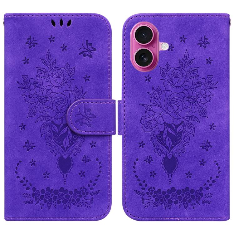 For iPhone 17 Butterfly Rose Embossed Leather Phone Case(Purple)
