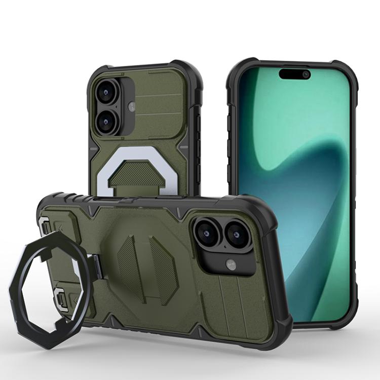 For iPhone 17 Camera Shield Armor MagSafe Holder Phone Case with Strap(Dark Green)
