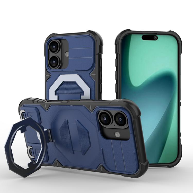 For iPhone 17 Camera Shield Armor MagSafe Holder Phone Case with Strap(Sapphire Blue)